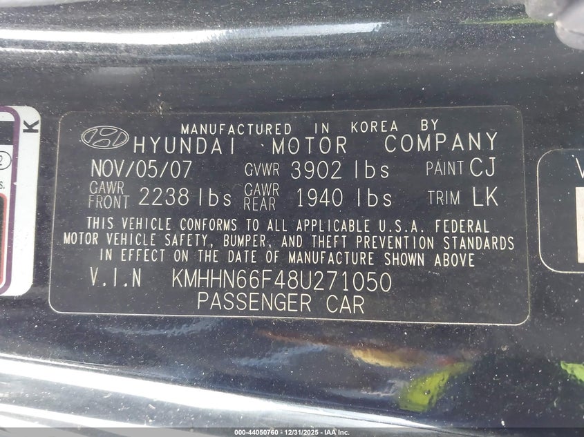 2008 Hyundai Tiburon Gt/Gt Limited/Se VIN: KMHHN66F48U271050 Lot: 44050760