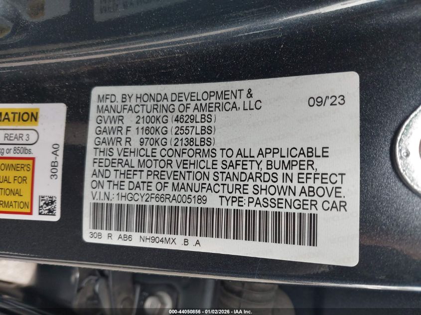 2024 Honda Accord Hybrid Ex-L VIN: 1HGCY2F66RA005189 Lot: 44050856