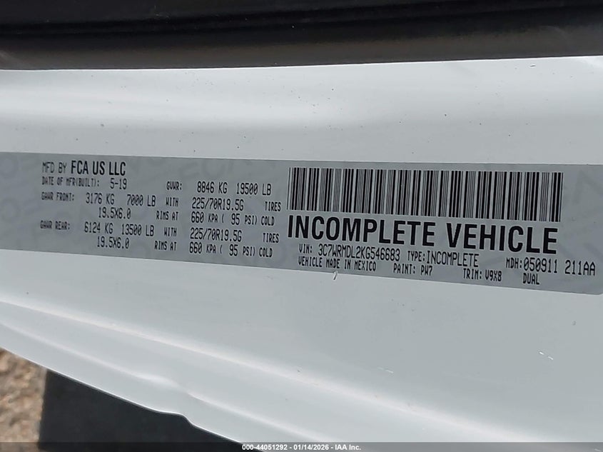 2019 Ram 5500 Chassis Tradesman/Slt VIN: 3C7WRMDL2KG546683 Lot: 44051292