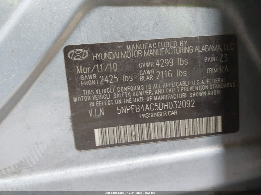 2011 Hyundai Sonata Gls VIN: 5NPEB4AC5BH032092 Lot: 44051309