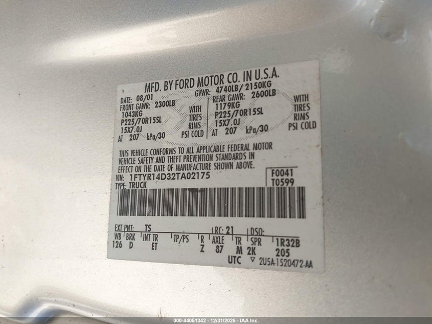 2002 Ford Ranger Xl/Xlt VIN: 1FTYR14D32TA02175 Lot: 44051342