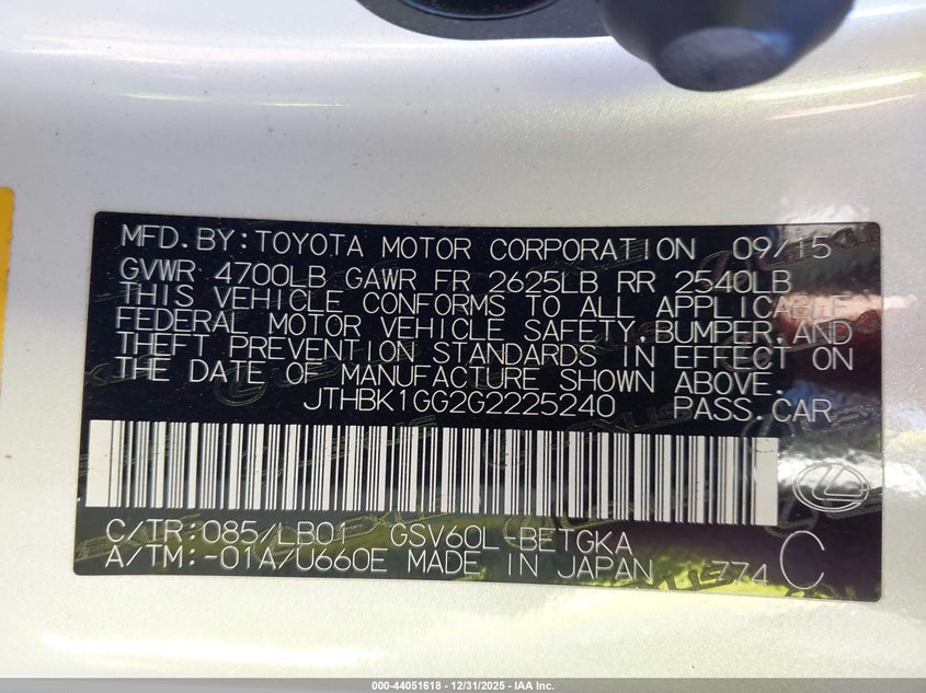 2016 Lexus Es 350 VIN: JTHBK1GG2G2225240 Lot: 44051618