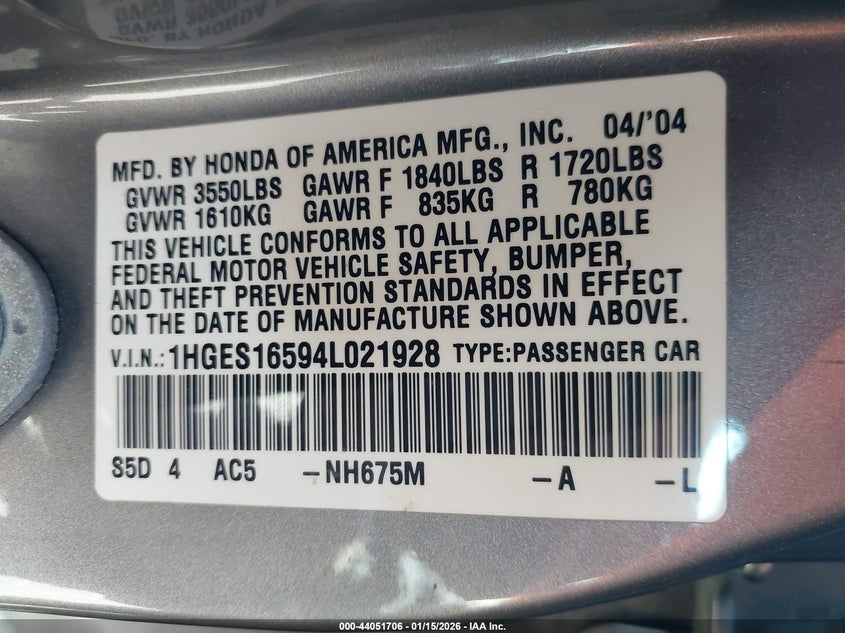2004 Honda Civic Lx VIN: 1HGES16594L021928 Lot: 44051706
