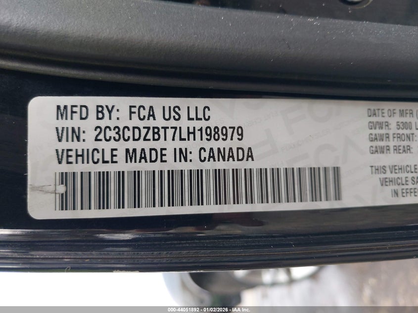 2020 Dodge Challenger R/T VIN: 2C3CDZBT7LH198979 Lot: 44051892