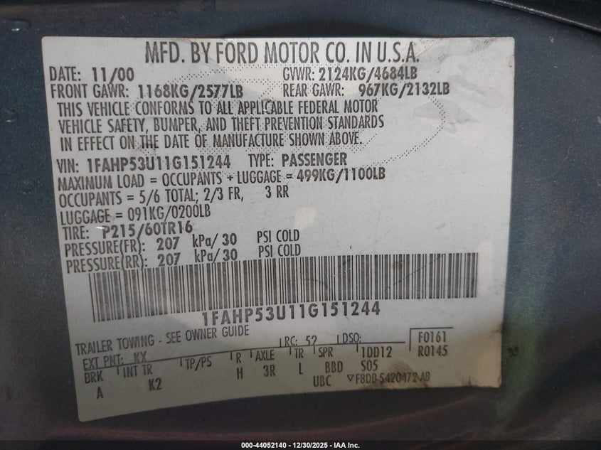 2001 Ford Taurus Se VIN: 1FAHP53U11G151244 Lot: 44052140