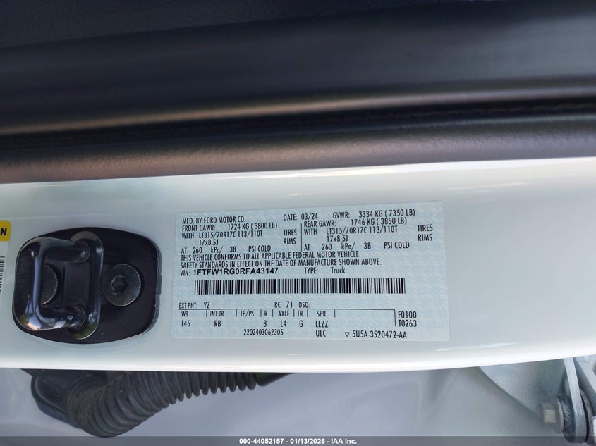 VIN 1FTFW1RG0RFA43147 2024 FORD F-150 RAPTOR