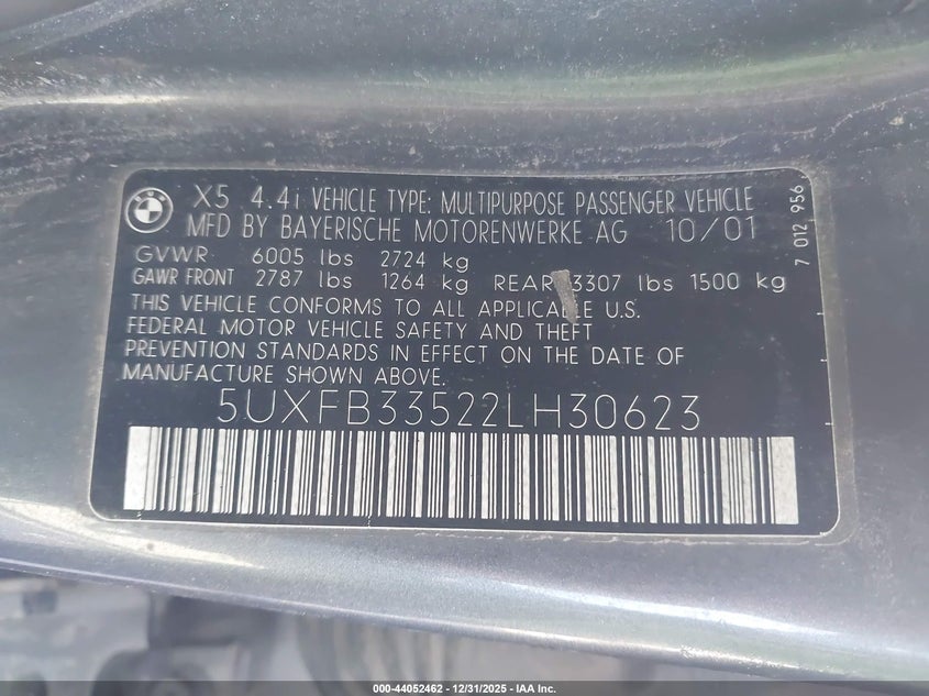 2002 BMW X5 4.4I VIN: 5UXFB33522LH30623 Lot: 44052462
