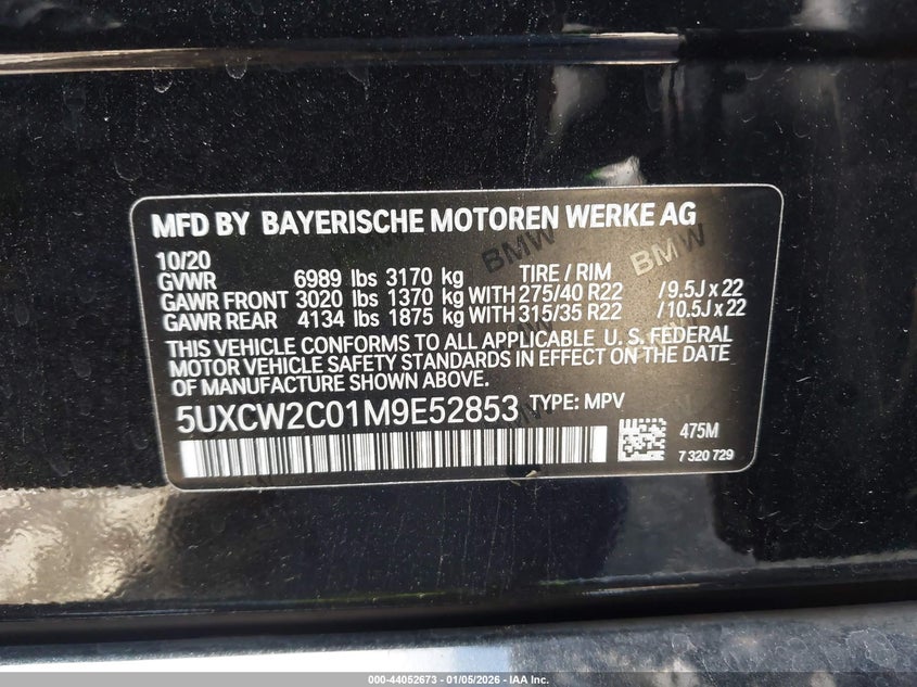 2021 BMW X7 xDrive40I VIN: 5UXCW2C01M9E52853 Lot: 44052673