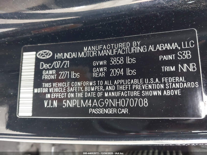 VIN 5NPLM4AG9NH070708 2022 HYUNDAI ELANTRA SEL