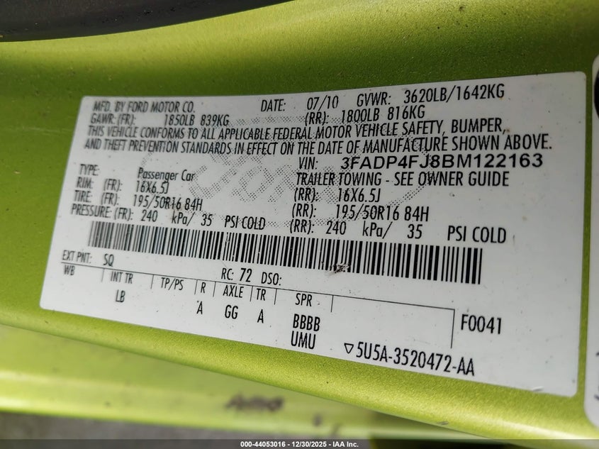 2011 Ford Fiesta Ses VIN: 3FADP4FJ8BM122163 Lot: 44053016