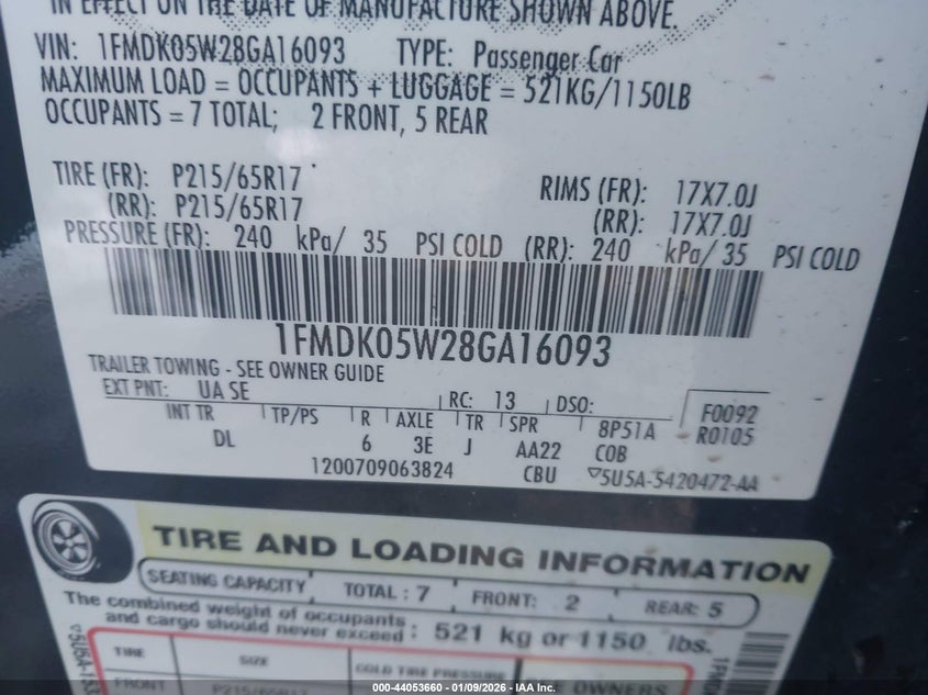 2008 Ford Taurus X Sel VIN: 1FMDK05W28GA16093 Lot: 44053660