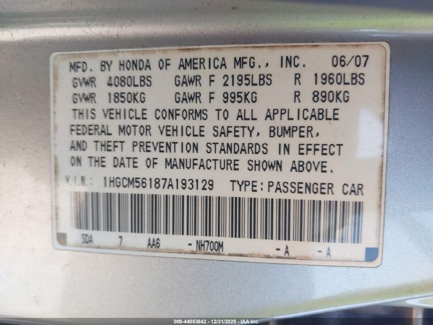 2007 Honda Accord 2.4 Vp VIN: 1HGCM56187A193129 Lot: 44053842
