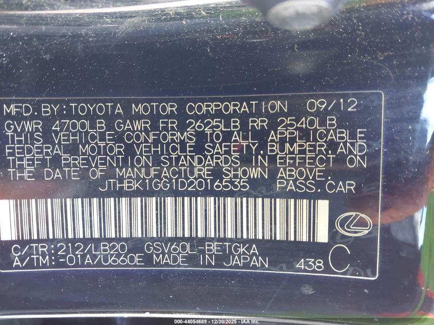 2013 Lexus Es 350 VIN: JTHBK1GG1D2016535 Lot: 44054689