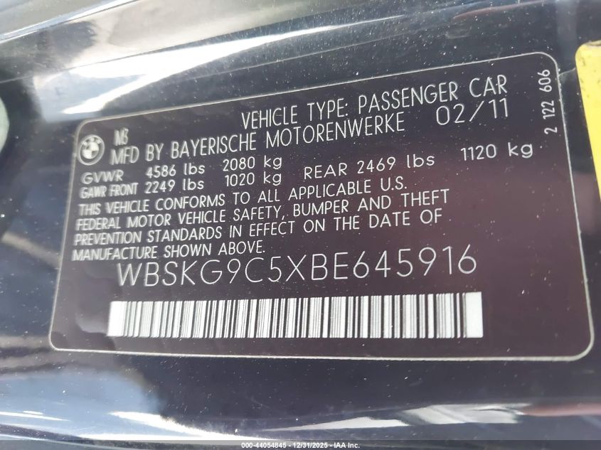 2011 BMW M3 VIN: WBSKG9C5XBE645916 Lot: 44054845
