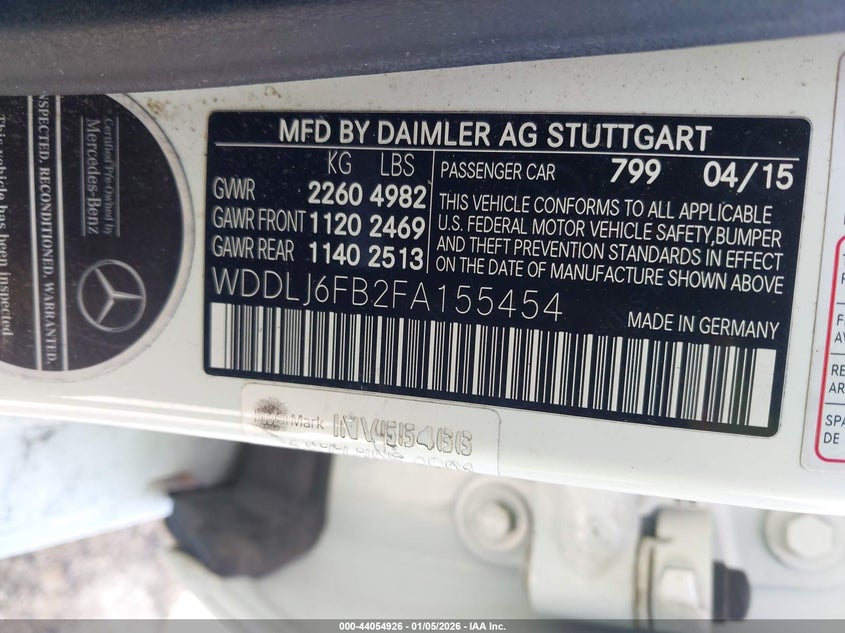 2015 Mercedes-Benz Cls 400 VIN: WDDLJ6FB2FA155454 Lot: 44054926