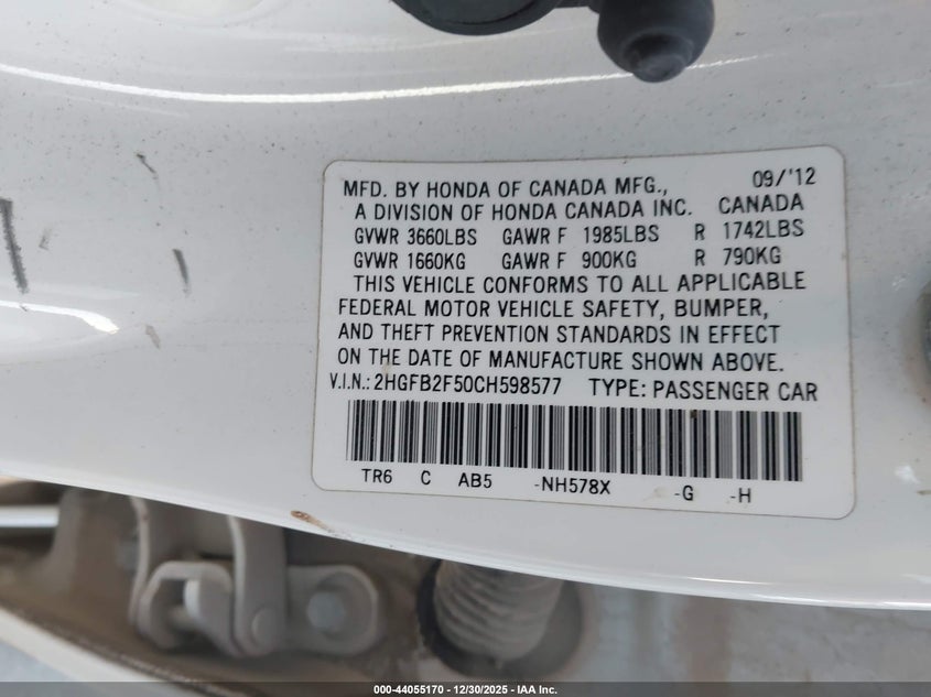 2HGFB2F50CH598577 2012 Honda Civic 1.8 Lx white