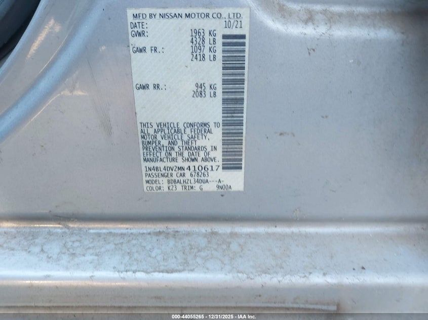 VIN 1N4BL4DV2MN410617 2021 NISSAN ALTIMA SV FWD