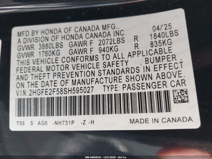 2025 Honda Civic Sport VIN: 2HGFE2F58SH595027 Lot: 44055342
