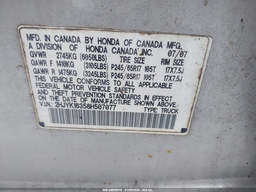 2008 Honda Ridgeline Rtx VIN: 2HJYK16358H507077 Lot: 44055519
