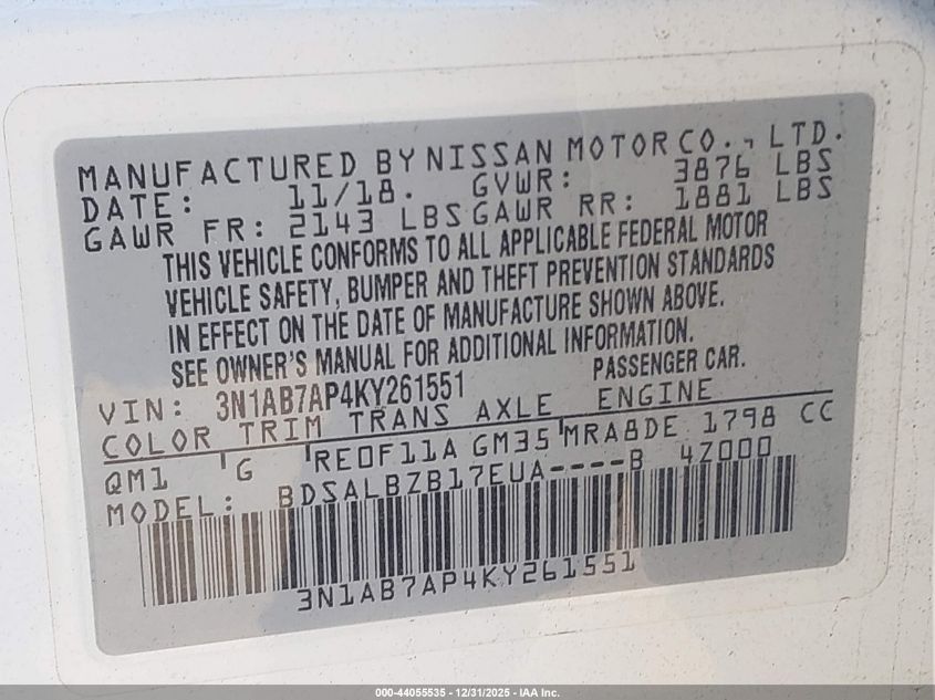 2019 Nissan Sentra S VIN: 3N1AB7AP4KY261551 Lot: 44055535