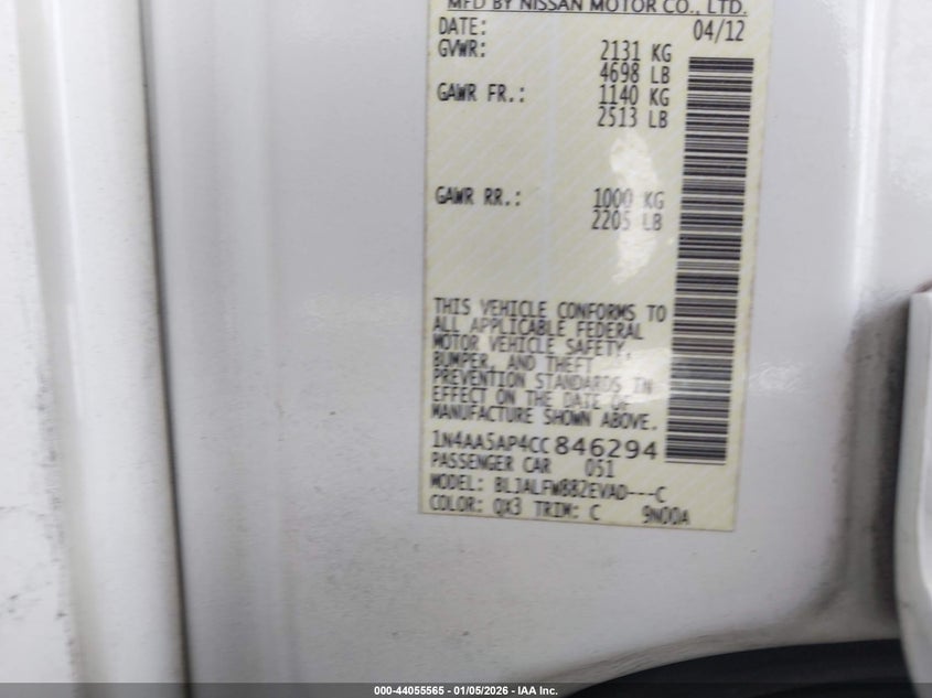 2012 Nissan Maxima 3.5 Sv VIN: 1N4AA5AP4CC846294 Lot: 44055565