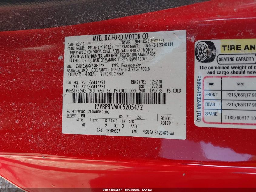 2012 Ford Mustang V6 Premium VIN: 1ZVBP8AM0C5205472 Lot: 44055647