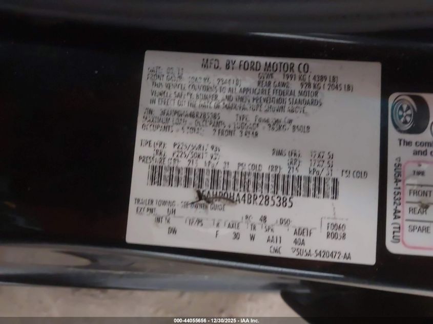 2011 Ford Fusion Se VIN: 3FAHP0HA4BR285385 Lot: 44055656