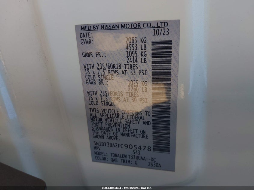 2023 NISSAN ROGUE 1.5L I-3 DI, DOHC, V(VIN: 5N1BT3BA2PC905478