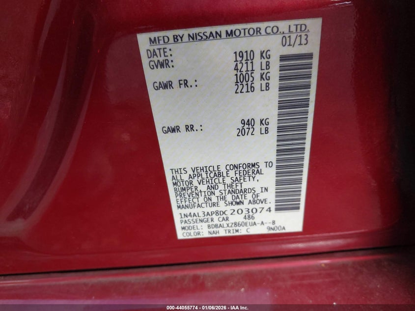 NISSAN ALTIMA 2013 VIN 1N4AL3AP8DC203074
