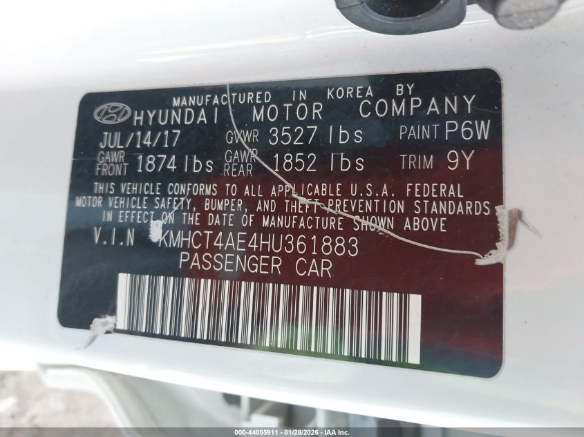 2017 Hyundai Accent Se VIN: KMHCT4AE4HU361883 Lot: 44055911