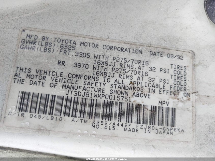 1993 Toyota Land Cruiser Dj81 VIN: JT3DJ81WXP0015751 Lot: 44056093