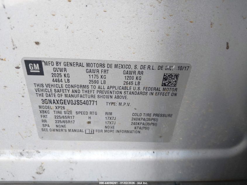 2018 Chevrolet Equinox L VIN: 3GNAXGEV0JS540771 Lot: 44056261