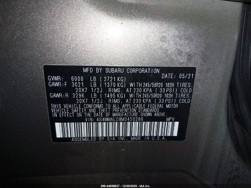 2021 Subaru Ascent Limited VIN: 4S4WMALD8M3450286 Lot: 44056527