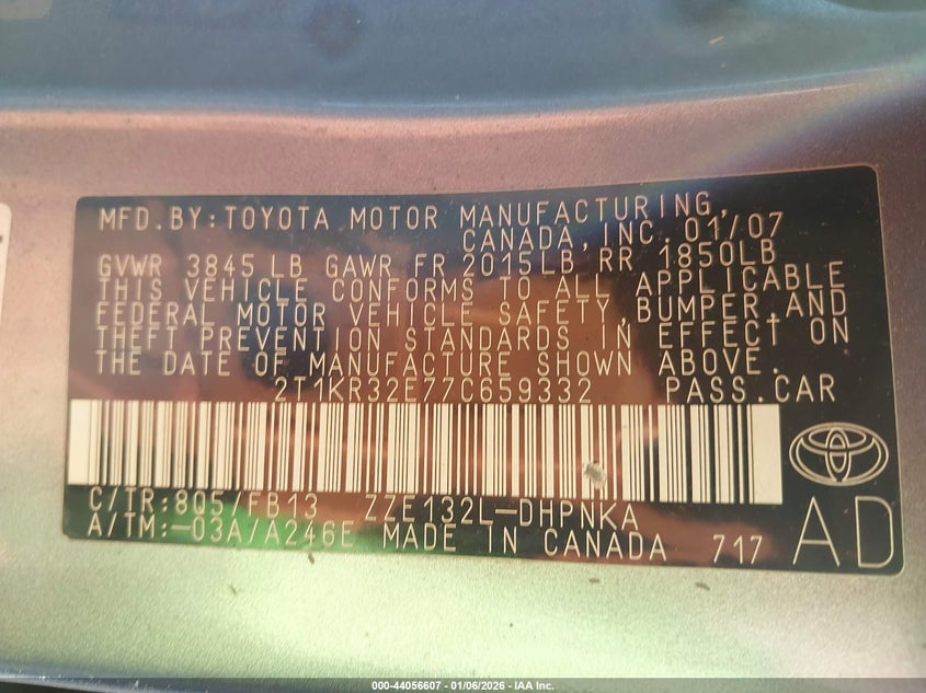 2007 Toyota Matrix Xr VIN: 2T1KR32E77C659332 Lot: 44056607