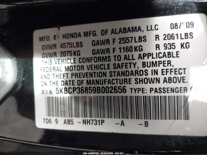 2009 Honda Accord 3.5 Ex-L VIN: 5KBCP36859B002656 Lot: 44056700