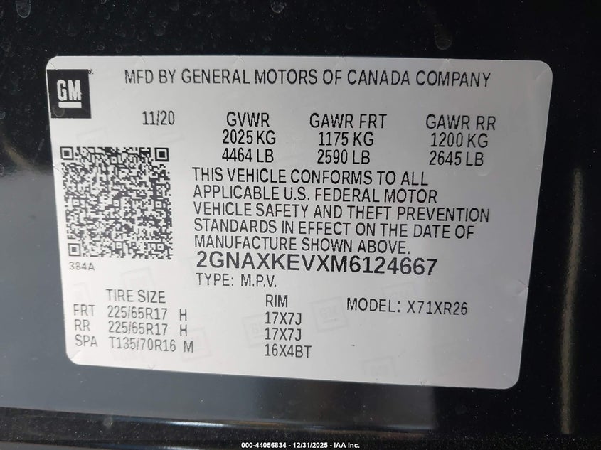 VIN 2GNAXKEVXM6124667 2021 CHEVROLET EQUINOX FWD LT