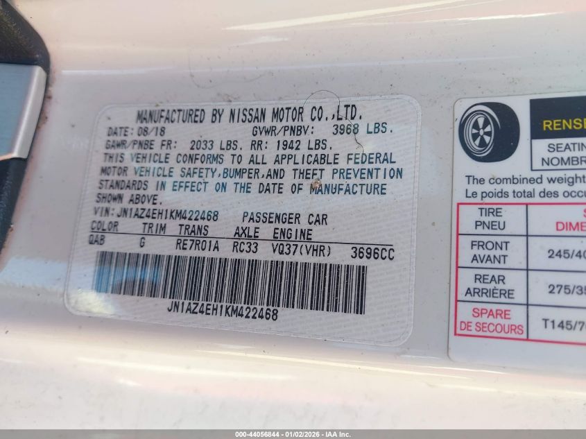 2019 Nissan 370Z Sport Touring VIN: JN1AZ4EH1KM422468 Lot: 44056844