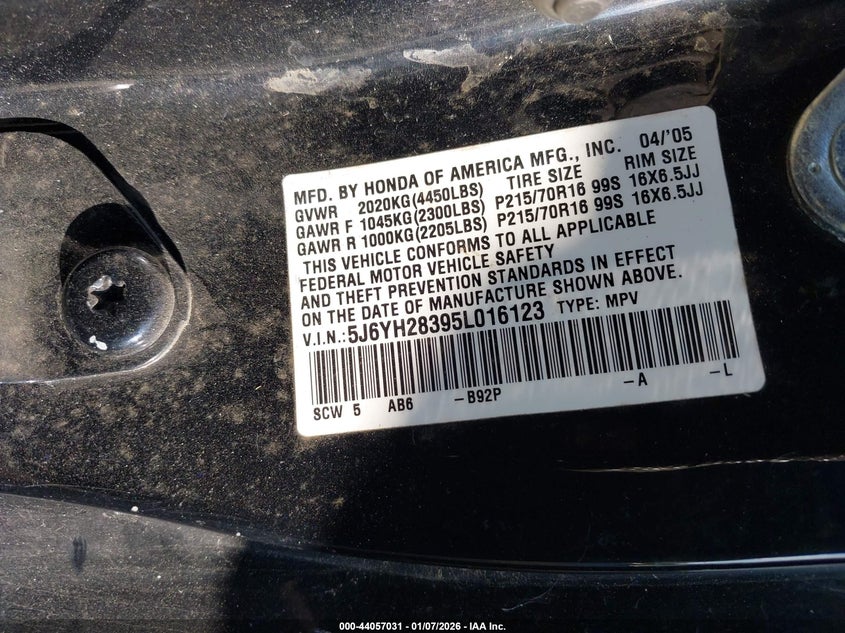 2005 Honda Element Lx VIN: 5J6YH28395L016123 Lot: 44057031