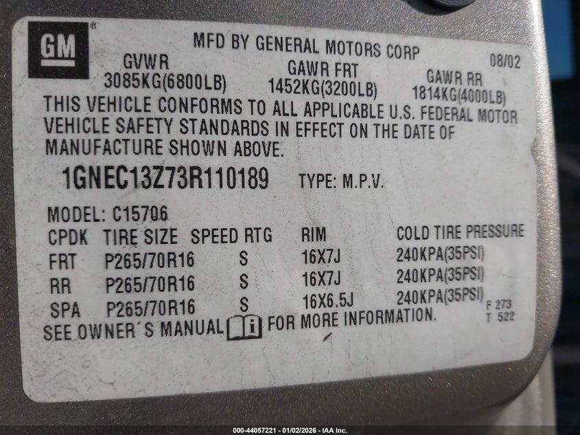 2003 Chevrolet Tahoe Lt VIN: 1GNEC13Z73R110189 Lot: 44057221