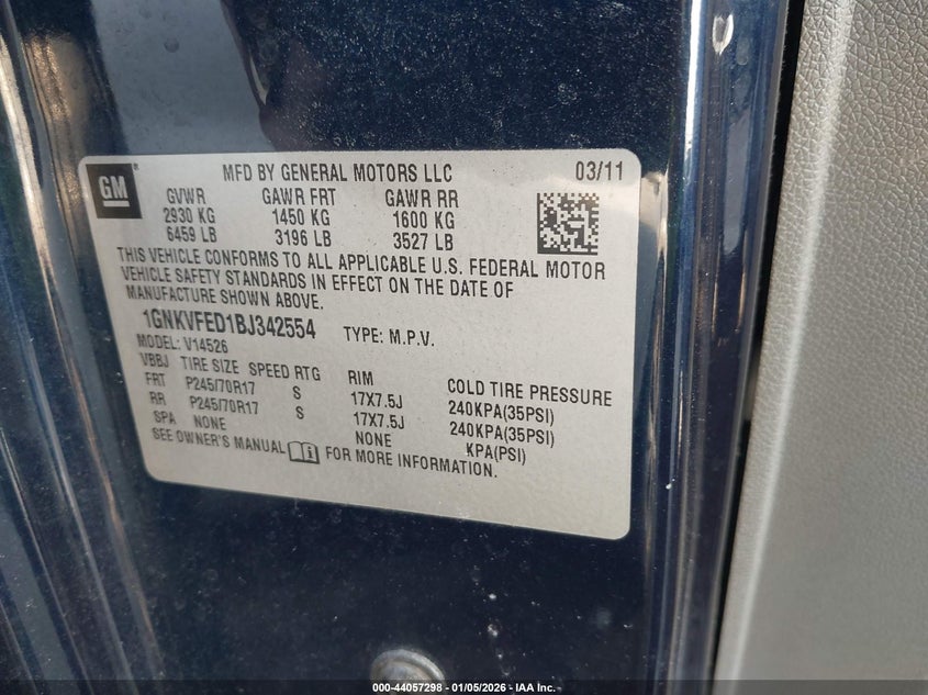 2011 Chevrolet Traverse Ls VIN: 1GNKVFED1BJ342554 Lot: 44057298