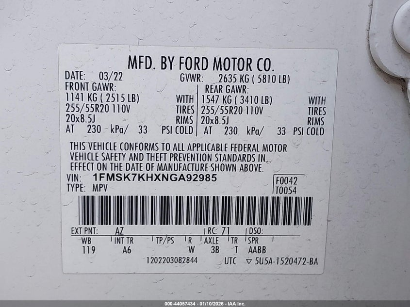 VIN 1FMSK7KHXNGA92985 2022 FORD EXPLORER ST-LINE