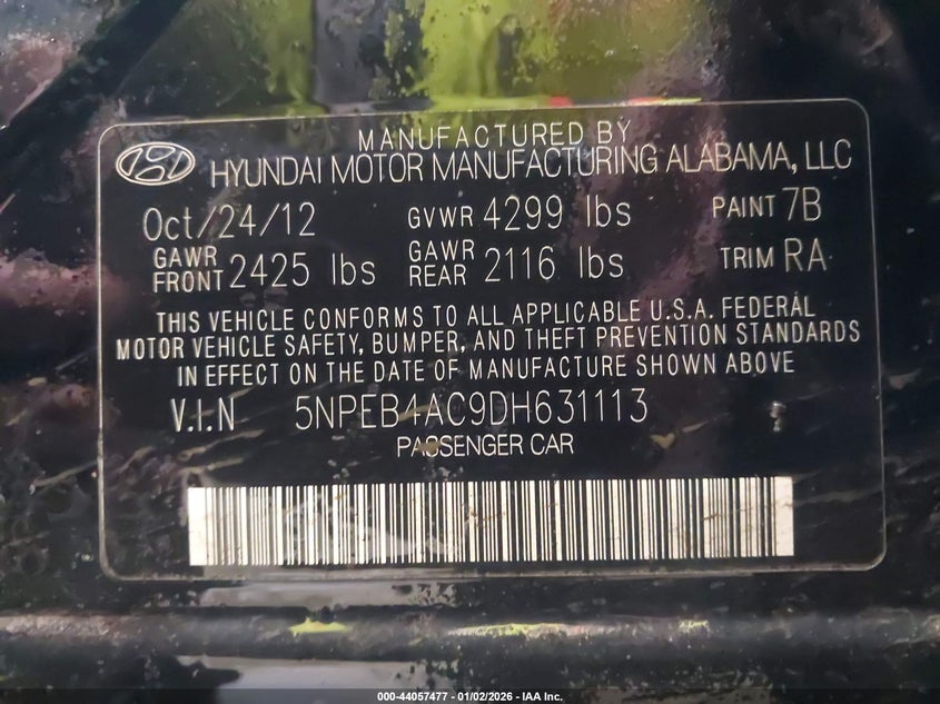 2013 Hyundai Sonata Gls VIN: 5NPEB4AC9DH631113 Lot: 44057477
