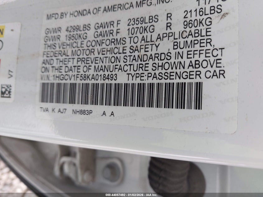 VIN 1HGCV1F58KA018493 2019 HONDA ACCORD EX-L