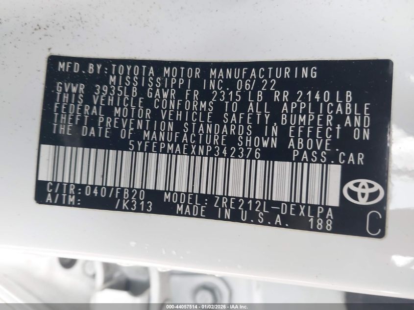 2022 Toyota Corolla Le VIN: 5YFEPMAEXNP342376 Lot: 44057514