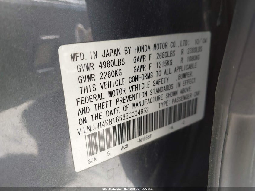 2005 Acura Rl 3.5 VIN: JH4KB16565C004652 Lot: 44057553