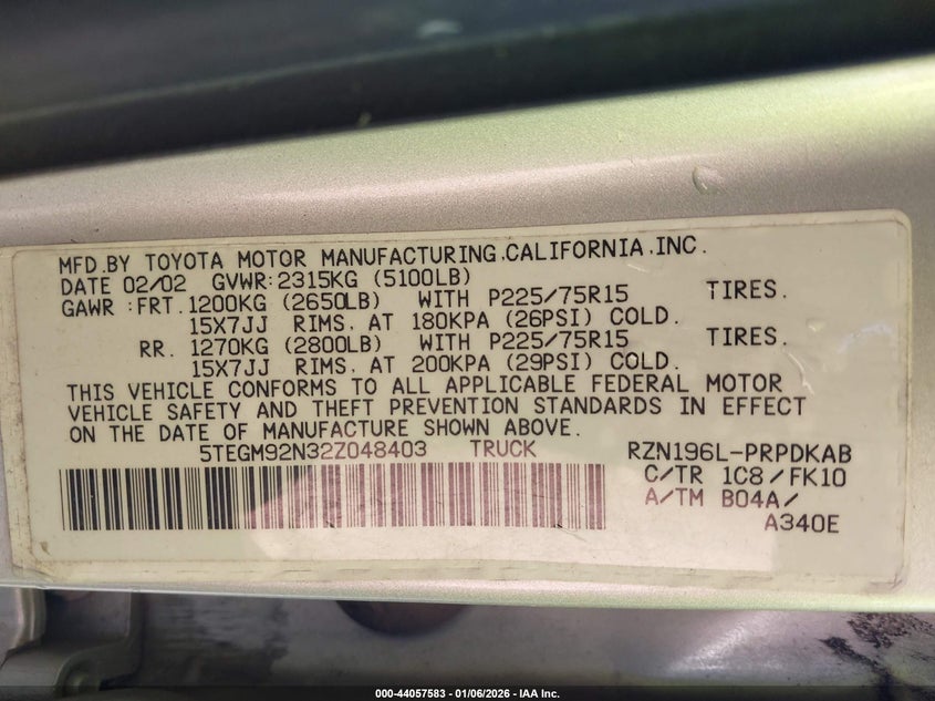 2002 Toyota Tacoma Prerunner VIN: 5TEGM92N32Z048403 Lot: 44057583