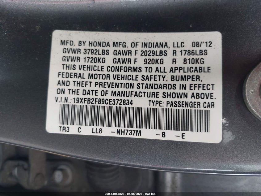 2012 Honda Civic 1.8 Ex grey Lot 111044057823 Vin 19XFB2F89CE372834