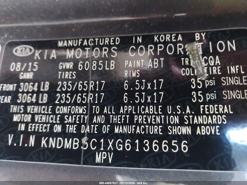 2016 Kia Sedona Lx VIN: KNDMB5C1XG6136656 Lot: 44057827