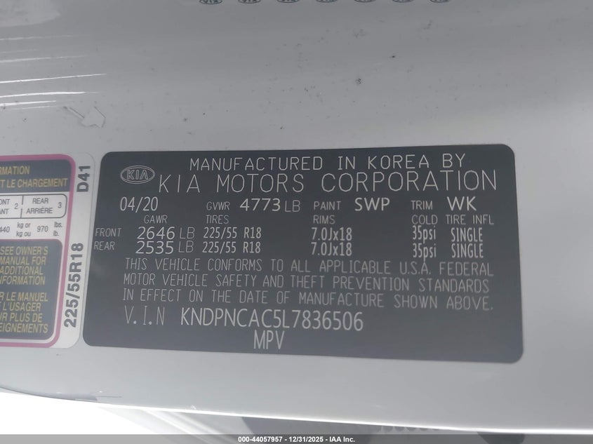 VIN KNDPNCAC5L7836506 2020 KIA SPORTAGE EX