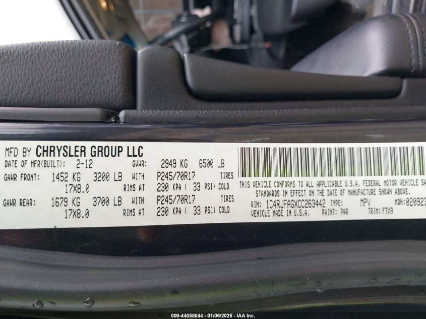 2012 Jeep Grand Cherokee Laredo VIN: 1C4RJFAGXCC263442 Lot: 44058044